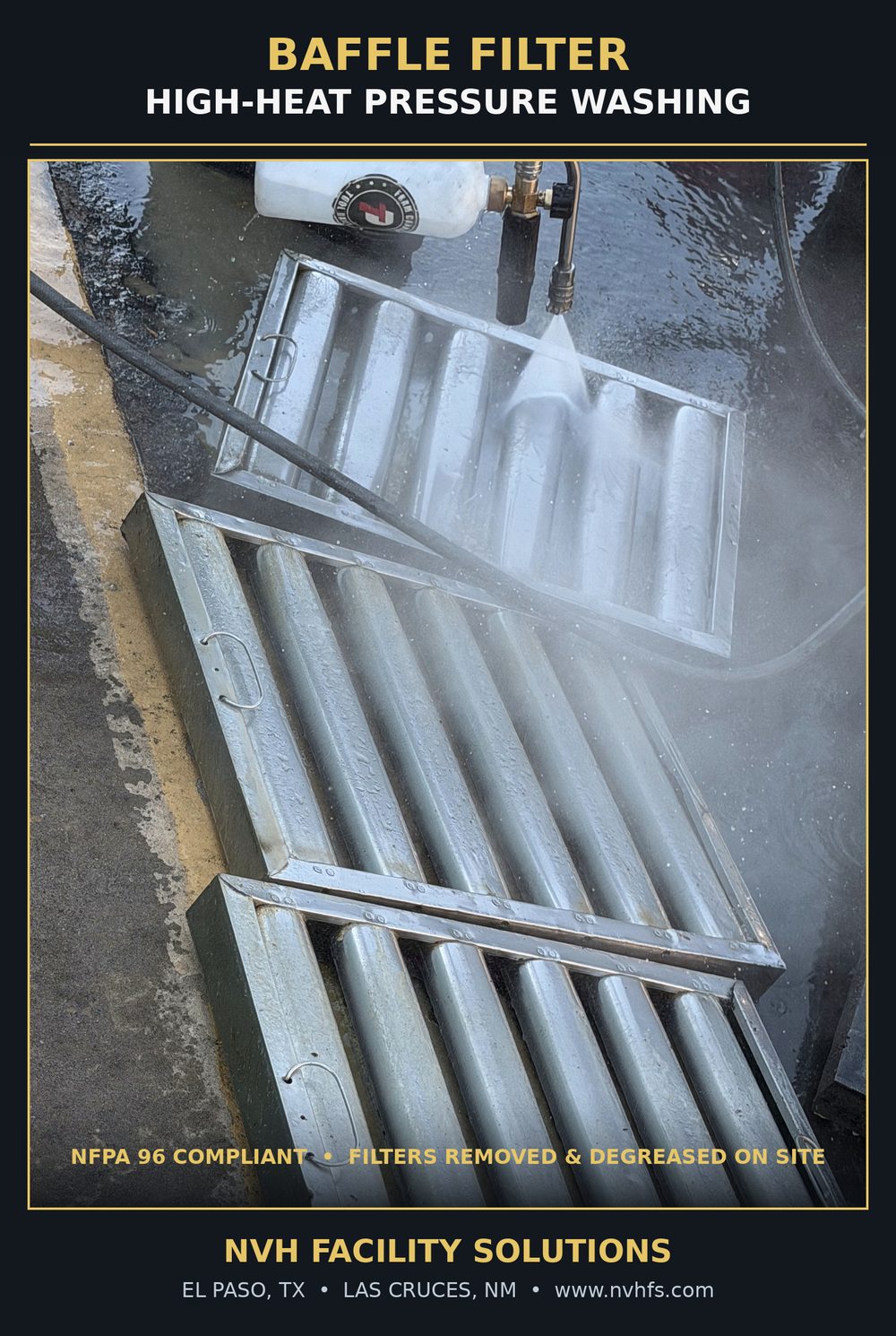Baffle filters removed from the hood and pressure washed on site