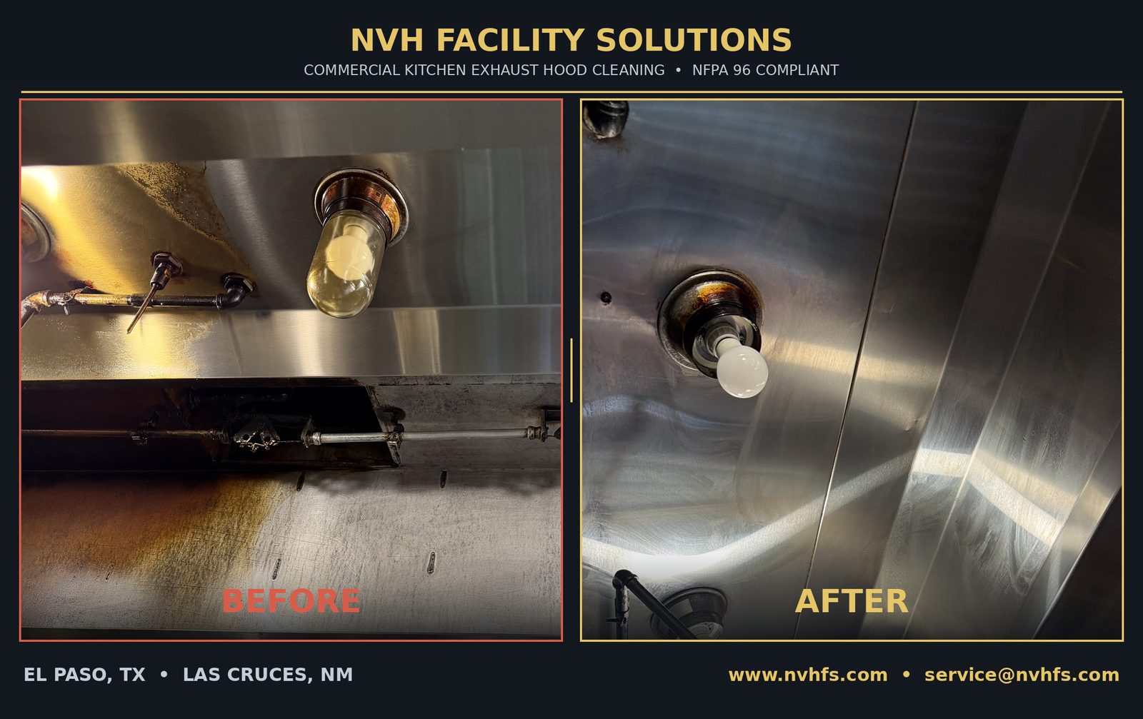 Before and after of a commercial kitchen exhaust hood interior cleaned by NVH Facility Solutions